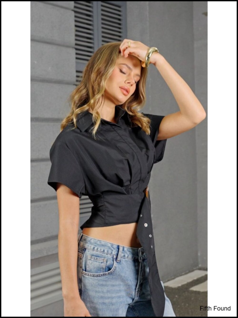 Y2K Cinched Waist Button Down Pleated Shirt, Cropped, Short Sleeve, Stand - Picture 6 of 6